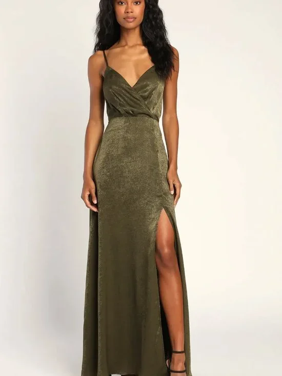 Lulus Constantine Olive Green Satin Maxi Dress M Bridesmaid - Picture 1 of 9
